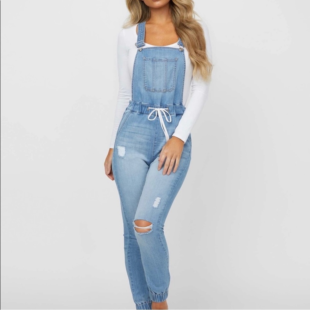 Guess‎ Los Angeles Women’s Smith Jogger Overall Blue Denim Distressed size XL